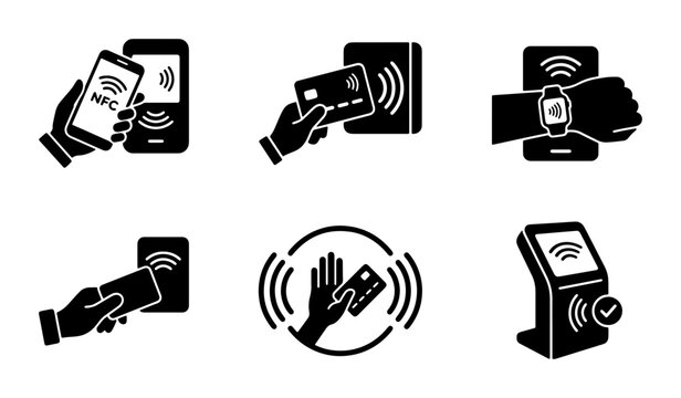 Contactless payment silhouettes set with phone, card, watch, and terminal for app and web