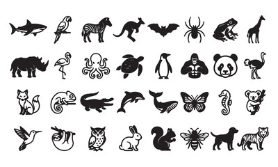 Fototapeta premium Animal Silhouette Vector Icons Bundle With Wildlife Insects Birds And Marine Life In Minimalist Black And White Style Art & Illustration