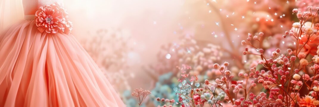 Elegant quincea&ntilde;era dress with floral details celebrating 15th birthday. Horizontal banner. Copy space. Template for invitation, card