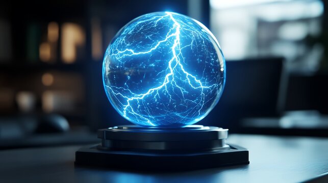 A glass egg-shaped object filled with blue electric energy sits on a dark stand