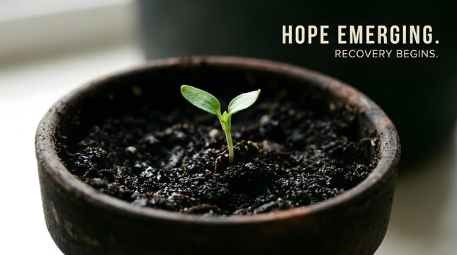Hope emerging green sprout in dark soil, recovery begins inspirational concept, small seedling growing in terracotta pot, new life and growth