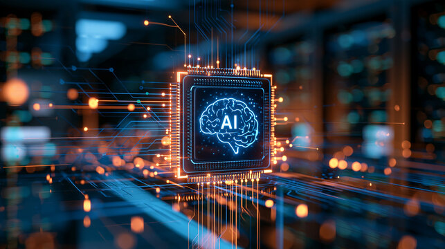 Artificial intelligence infrastructure in modern data center featuring glowing AI microchip icon connected to high performance server racks no watermark, no logos, no branding, no
