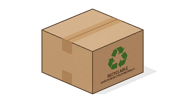 Minimal Flat 2.5D Isometric Cardboard Box with Green Recycling Symbol for Eco Friendly Packaging and E-Commerce Shipping Isolated on White Background