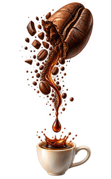 Hand-painted style illustration of a rich brown coffee splash with floating coffee droplets, isolated on a clean white background.