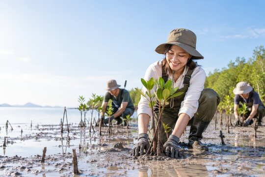 Smiling woman volunteer planting a mangrove seedling while a team restores vegetation across a coastal mudflat in daylight
