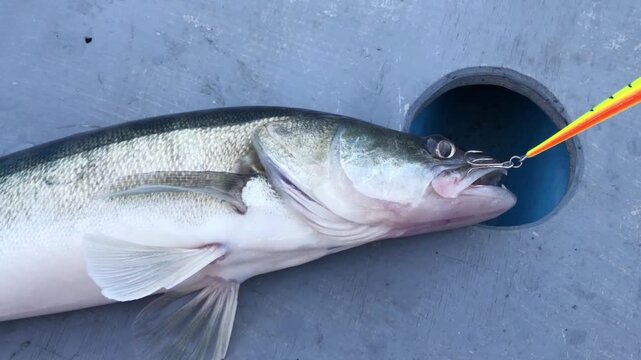 freshly caught large pike perch with bait in its mouth is still breathing