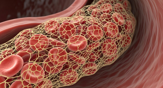 Microscopic view of red blood cells trapped within fibrous clot structure inside vein area.
