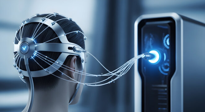 Person connected to advanced computer via neural interface headset.