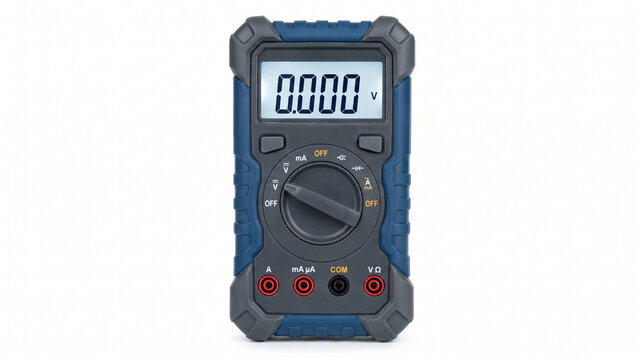 Modern industrial digital multimeter mockup with clean blank dial face and LCD reading 0.000 V isolated on pure white background