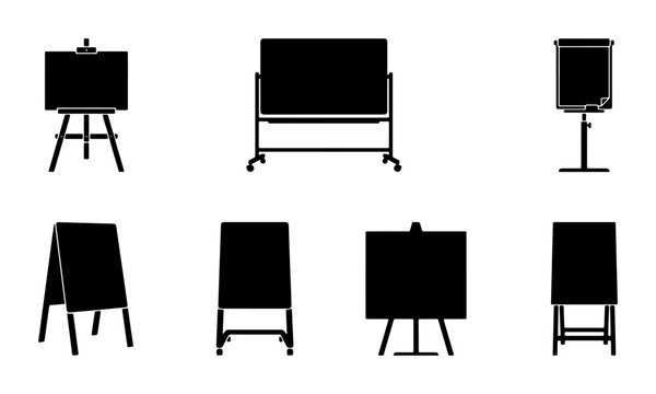 Black whiteboard and easel silhouettes, flat icons, slide background
