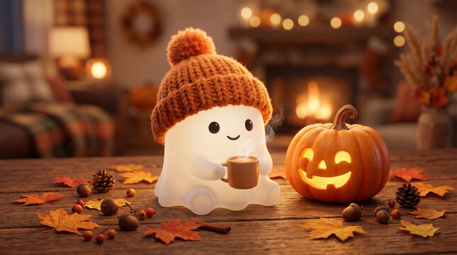 Cute ghost wearing orange beanie holding coffee mug and pumpkin