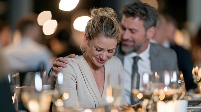 Female employee visibly upset, looking down at an inappropriate hand on her shoulder during a business dinner, workplace harassment concept