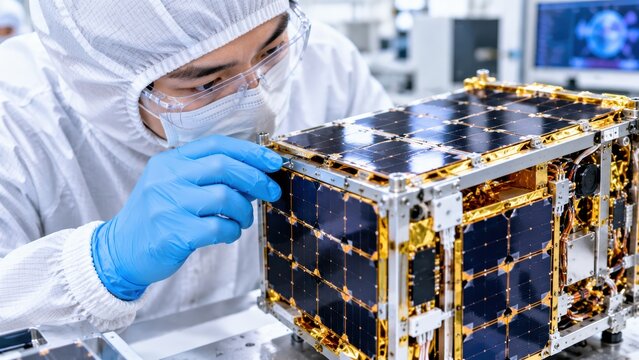 A technician in protective gear inspects a small satellite or CubeSat covered with solar panels inside a cleanroom environment.