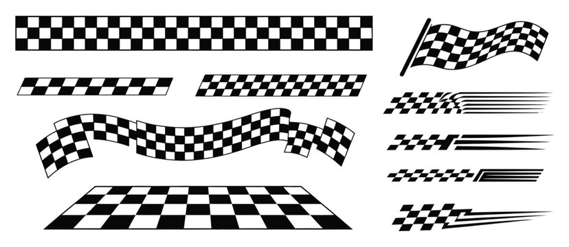 Black and white motorsport checker flag border, seamless racing grid texture, finish line stripe, rally banner, and vector design