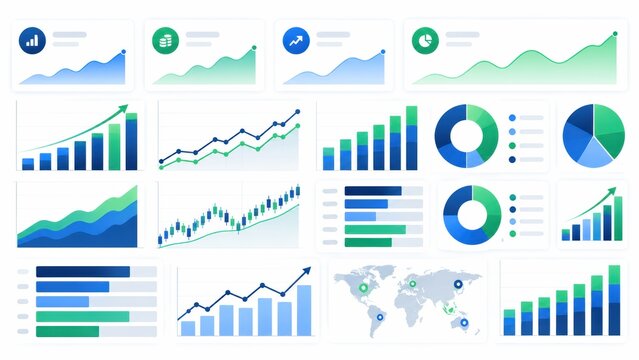 Various colorful charts and graphs display data trends, comparisons, and global statistics in a clean, modern infographic style.