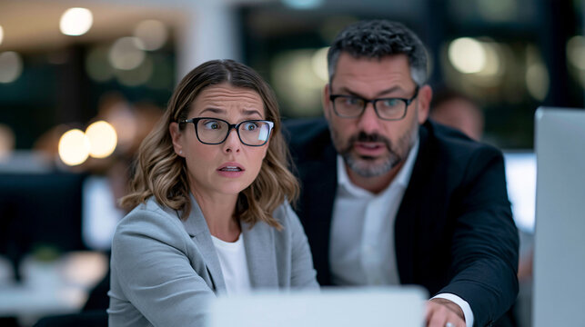 Office worker visibly uneasy as a male colleague touches her arm while pointing at her computer screen, workplace harassment concept