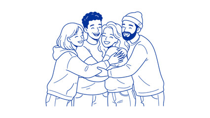 Fototapeta premium Happy group of diverse friends embracing warmly together demonstrating strong social bonding and mutual affection during a joyful gathering representing unity and community spirit among young