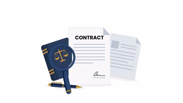 Contract law agreement with legal documents, scales, gavel and magnifying glass in a clean flat 2D vector motion animation with alpha channel and transparent background.