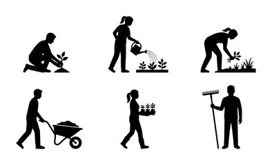 Fototapeta premium Black and white gardening people silhouettes, flat style graphic