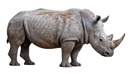 Large grey rhinoceros with dirt on its back, isolated on transparent background © STUDIOP