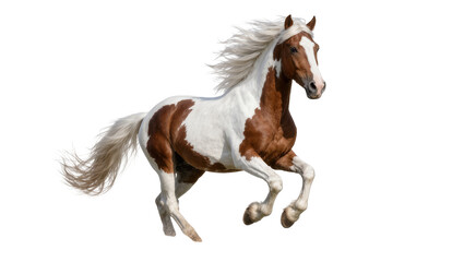 Brown and white paint horse galloping with flowing mane and tail, isolated on transparent background © STUDIOP
