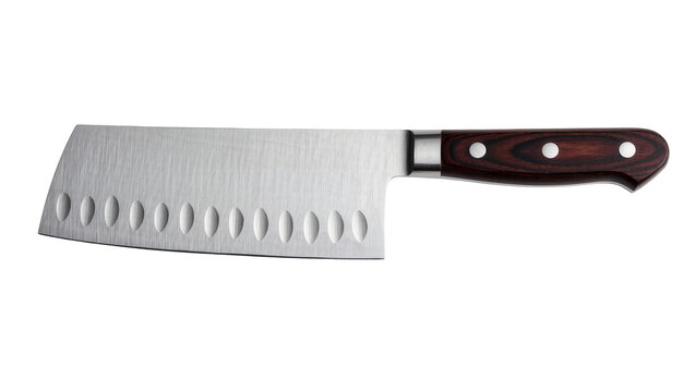 Sharp stainless steel cleaver knife with dimples and dark wood handle, isolated on transparent background