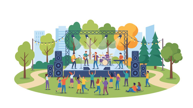 Live band performing on outdoor stage at park concert with audience enjoying music, illustration