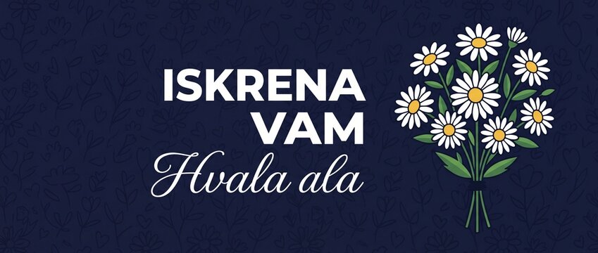 Thank you card daisy bouquet floral banner greeting background with Serbian Croatian text Iskrena vam hvala for gratitude appreciation card template design vector illustration dark blue background