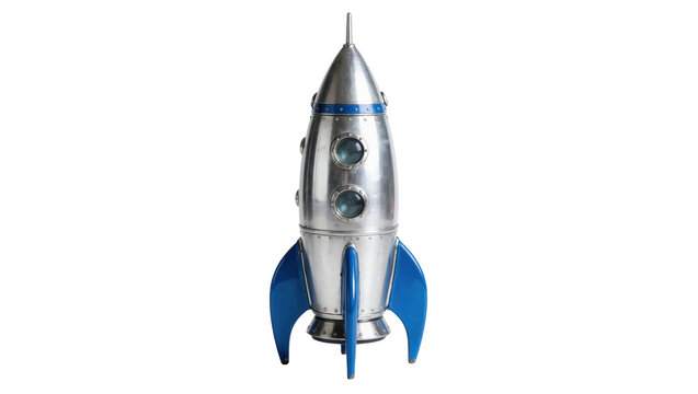 Retro silver and blue metal rocket ship with round windows, isolated on transparent background