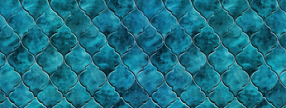 Seamless teal quatrefoil pattern background with watercolor texture and dark outlines