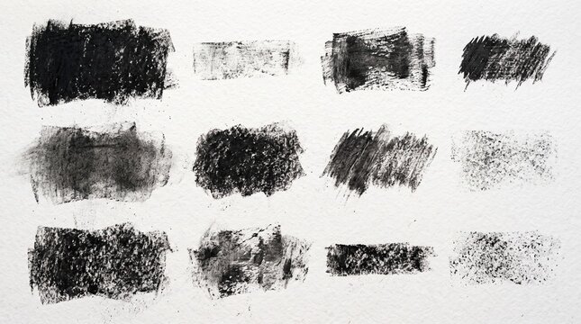 Collection of diverse black charcoal brush stroke textures and smudges on white textured paper background