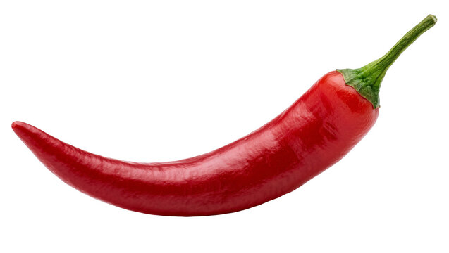 Bright red chili pepper with green stem, isolated on transparent background