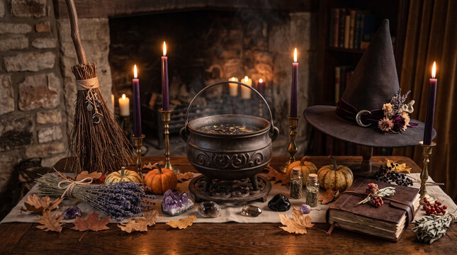 Witch altar with iron cauldron and pointed hat by fireplace