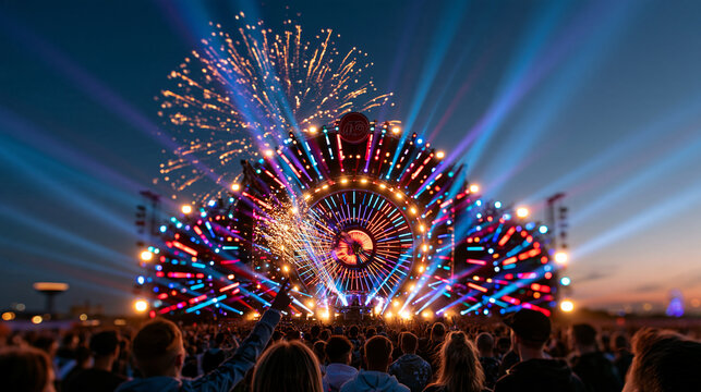 Festival mainstage with pyrotechnic sparks and colorful beam lights, empty dark sky above for copy space