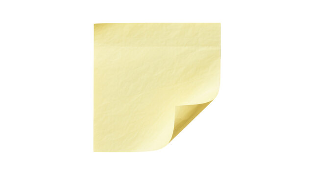 Yellow sticky note with curled corner, isolated on transparent background