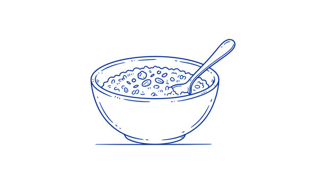 A hand drawn sketch of a breakfast bowl filled with cereal and oats alongside a spoon ready for eating in the morning depicting healthy dietary habits and delicious daily nutrition routines