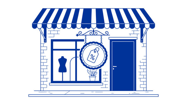 Charming blue storefront building featuring a striped awning and a hanging sign for a small boutique apparel shop welcoming daily customers looking for great seasonal sales and local promotions