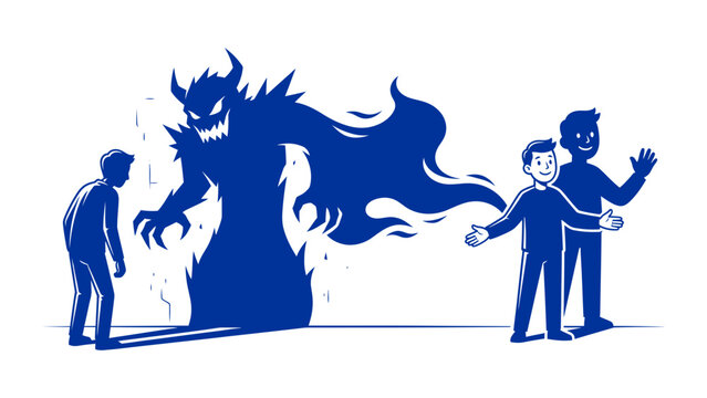 A fierce blue monster towers over a frightened person while friendly peers welcome another individual with open arms representing emotional manipulation and inner fears during mental health