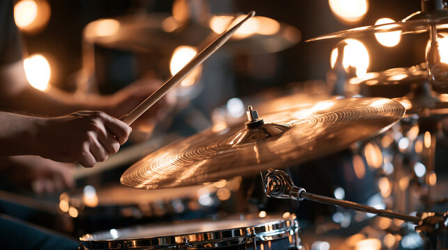 Stage lighting fixture illuminating a live concert performance with drummer playing drum kit in background, with copy space