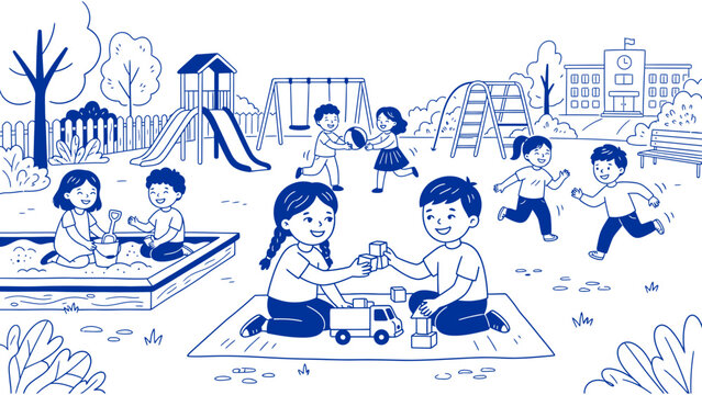 Children playing together happily in a sunny outdoor park during recess with various recreational playground equipment and trees surrounding the cheerful area filled with energetic youth having