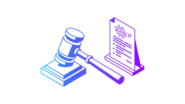 An isometric perspective of a wooden gavel resting beside a paper document featuring printed text representing legal matters and courtroom procedures for professional presentation concepts