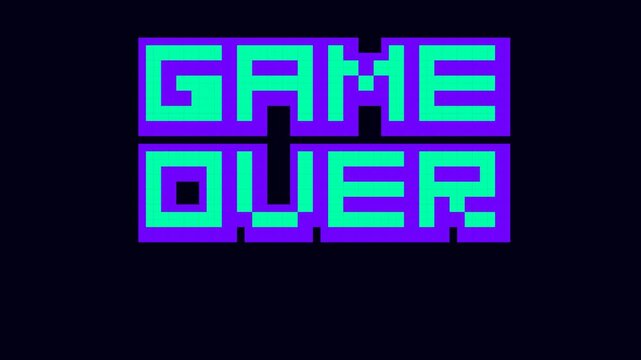 Retro game over screen with pixelated neon green and purple glitch motion graphics loop.