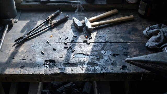 Well-used blacksmith workbench with hammer, tongs, and tools in workshop