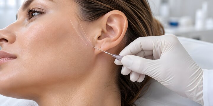 Non surgical ear area pdo thread lift rejuvenation procedure close up