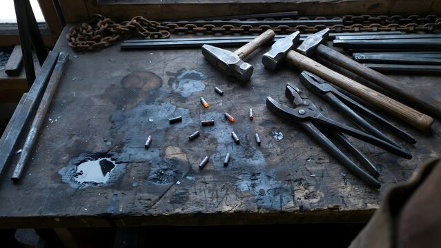 Well-used workshop workbench with hammers pliers and scattered chalk pieces