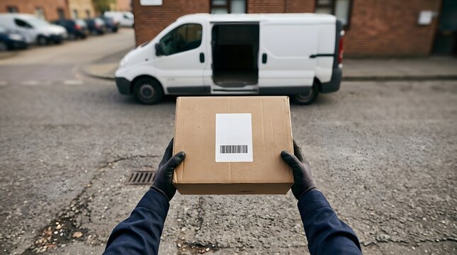Delivery courier holding cardboard parcel box, white transport van with open door on city street, logistics and shipping service concept