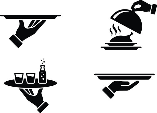 Restaurant catering and food service vector icons set featuring waiter hands holding serving trays cloche and drinks