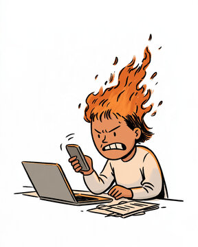 Furious Worker Experiencing Burnout: An illustrated character is depicted at a desk with a laptop and phone, their hair ablaze with flames, conveying intense frustration and technological overload.