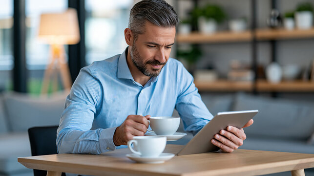 Premium lifestyle scene of a professional reviewing personal investment performance on a tablet in a quiet home office, wealth management, financial planning, portfolio