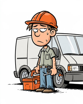 Tired Worker's Blues: A weary construction worker, clad in an orange hard hat and work clothes, stands dejectedly with a toolbox and wrench, a van behind him.